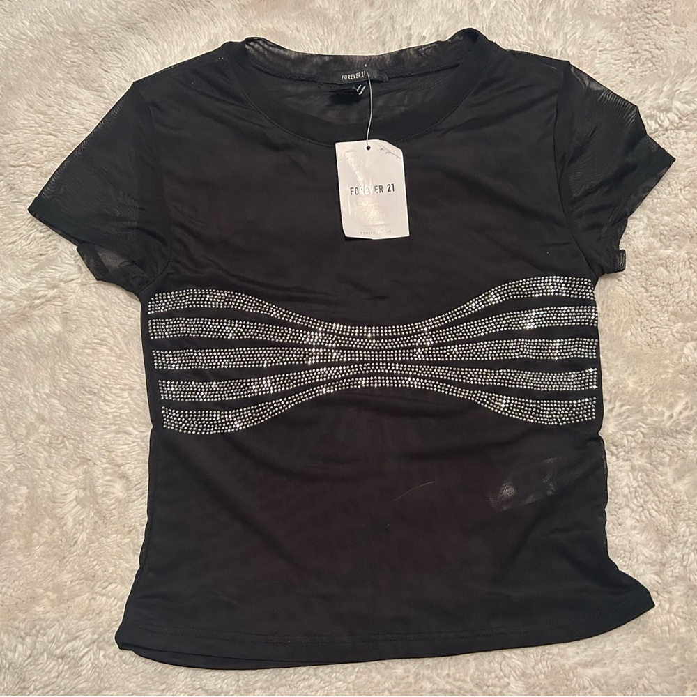 Forever 21 Mesh Black Short Sleeve Tee with Silver Rhinestone Chest Detail